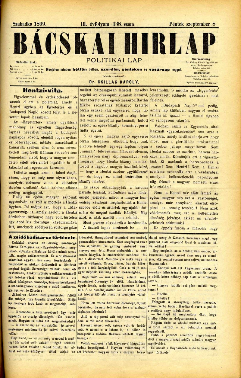 Bácskai Hirlap, 3. évf. 1899. szeptember 8. 138. sz.