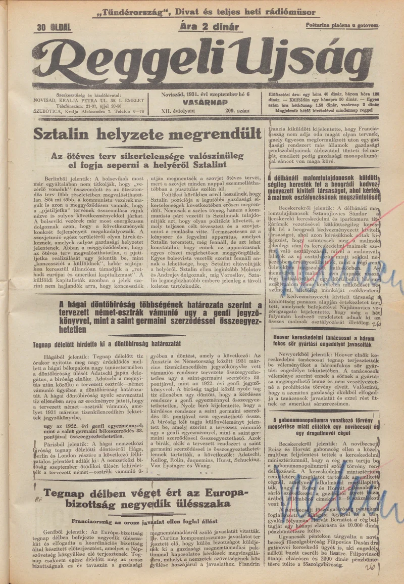 Reggeli Újság, 12. évf. 1931. szeptember 6. 209. sz.