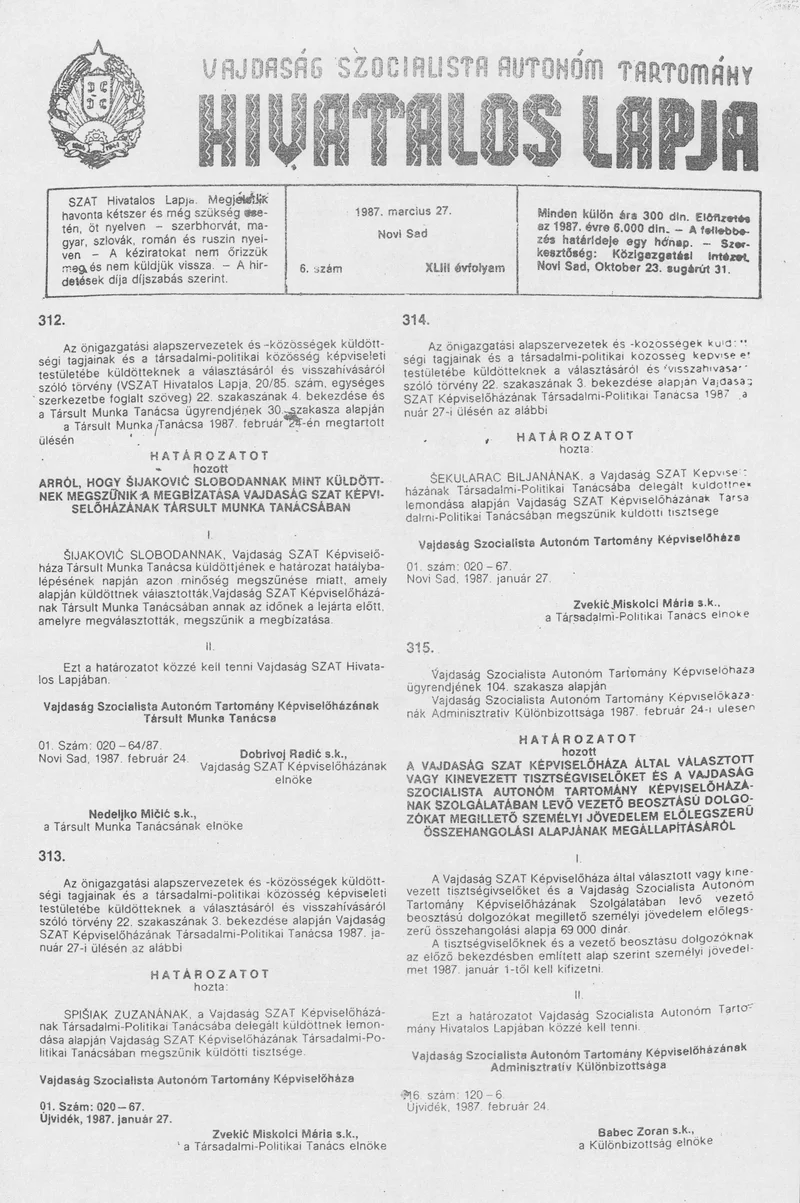 Vajdaság Szocialista Autonóm Tartomány Hivatalos Lapja, 43. évf. 1987. március 27. 6. sz.