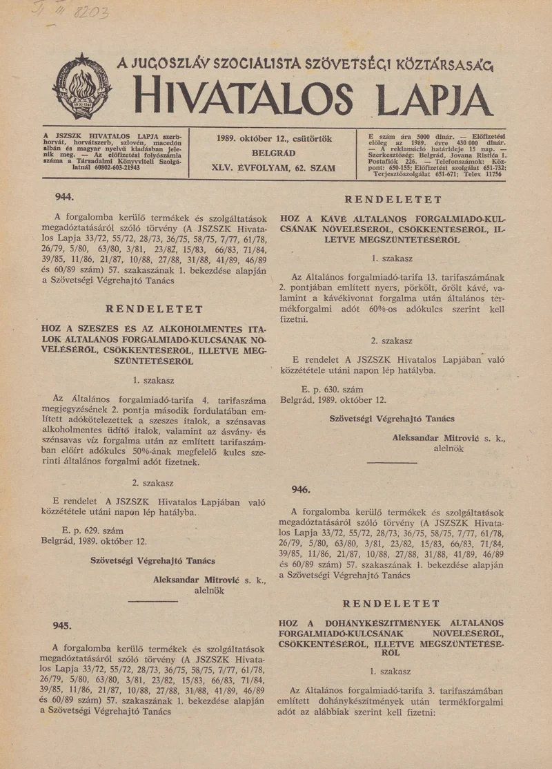 A Jugoszláv Szocialista Szövetségi Köztársaság Hivatalos Lapja, 45. évf. 1989. október 12. 62. sz. 1537–1540. oldal