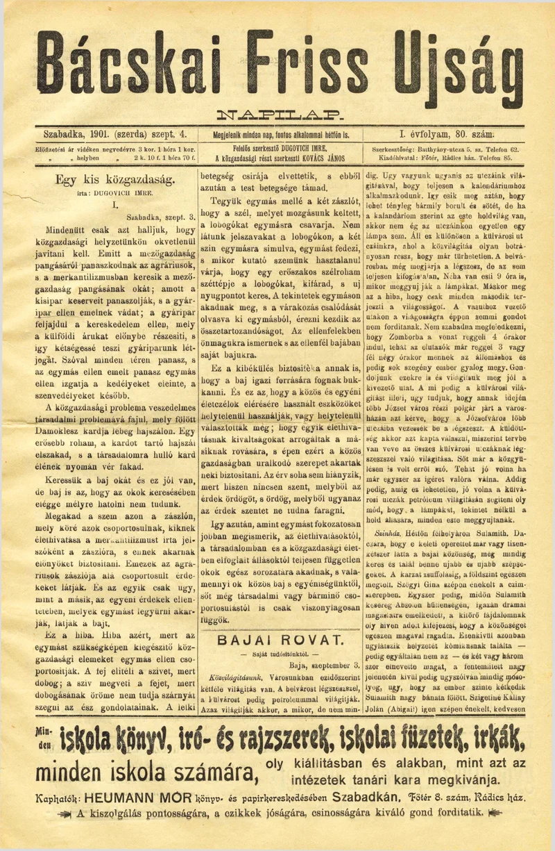 Bácskai Friss Ujság, 1. évf. 1901. szeptember 4. 80. sz.