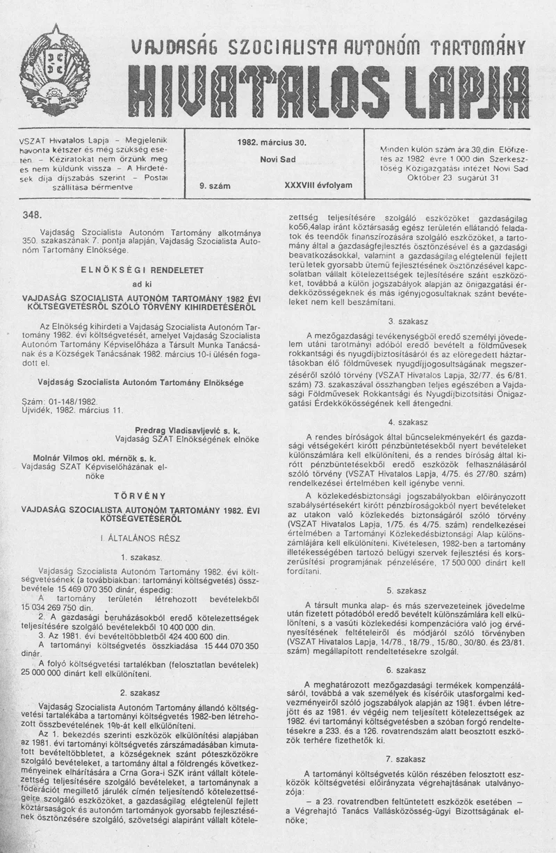 Vajdaság Szocialista Autonóm Tartomány Hivatalos Lapja, 38. évf. 1982. március 30. 9. sz.