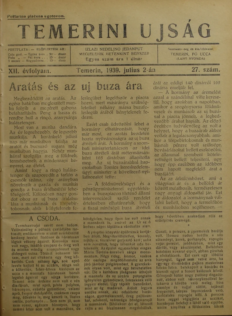 Temerini Újság 1928-1944, 12. évf. 1939. július 2. 27. sz.