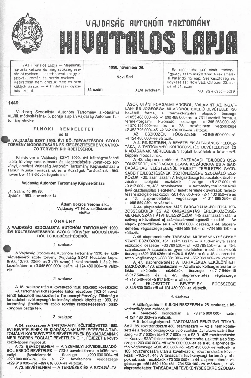 Vajdaság Szocialista Autonóm Tartomány Hivatalos Lapja, 46. évf. 1990. november 26. 34. sz.