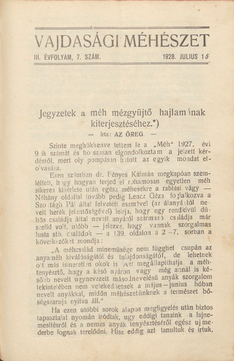 Vajdasági méhészet, 3. évf. 1928. július 15. 7. sz.