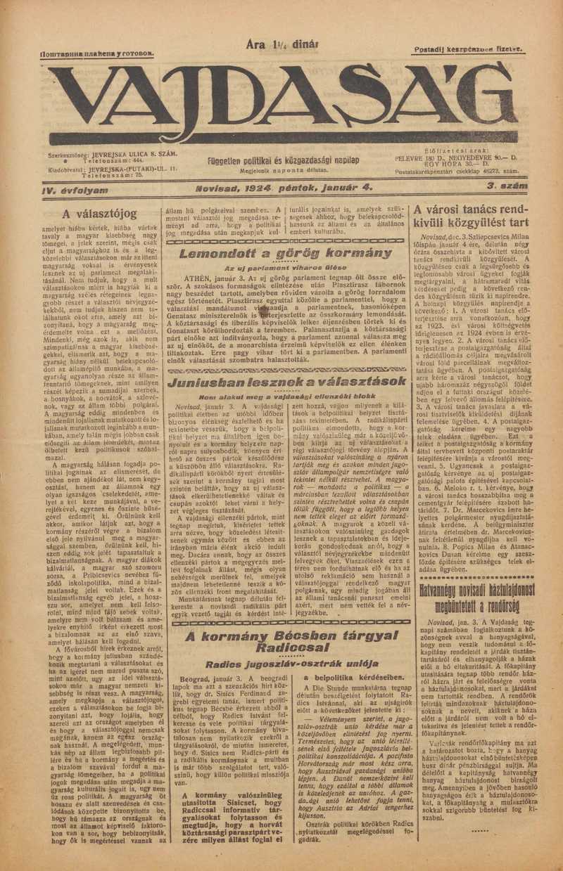 Vajdaság, 4. évf. 1924. január 4. 3. sz.