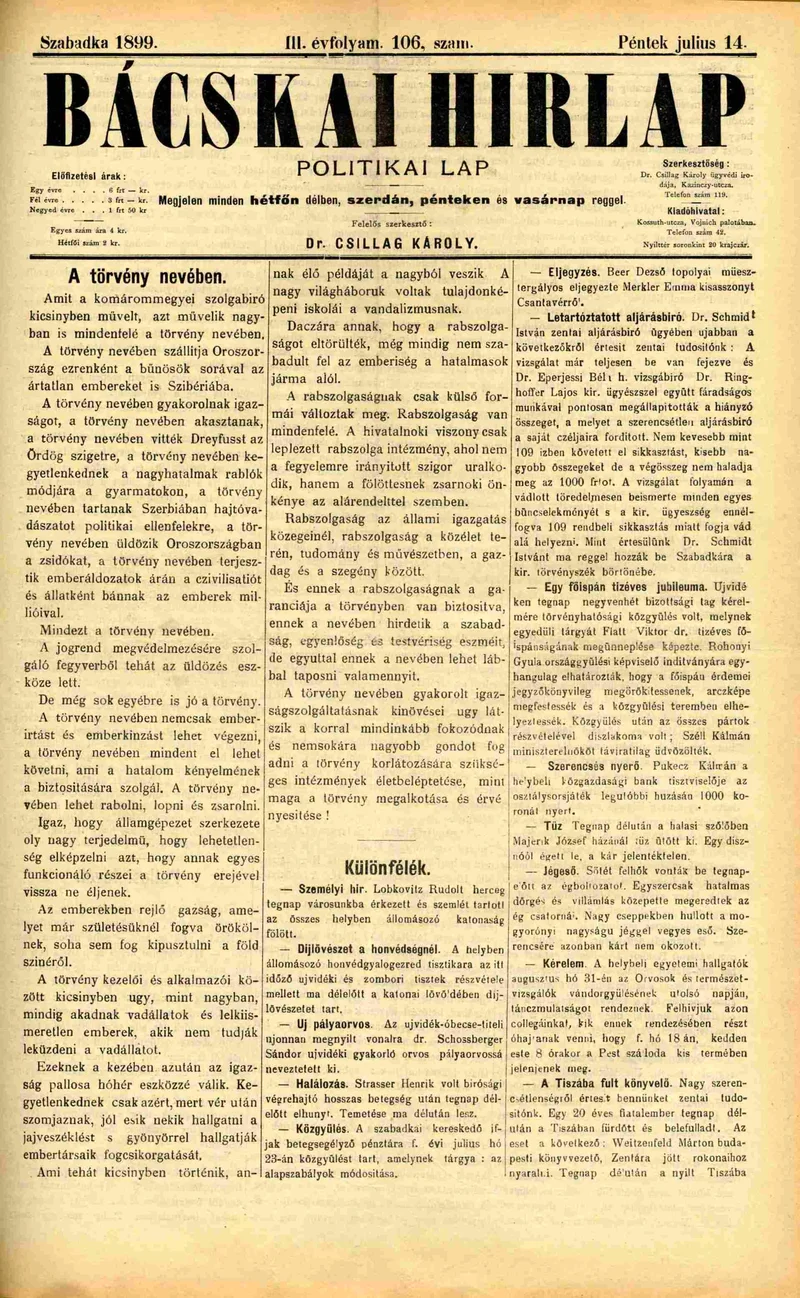 Bácskai Hirlap, 3. évf. 1899. július 14. 106. sz.