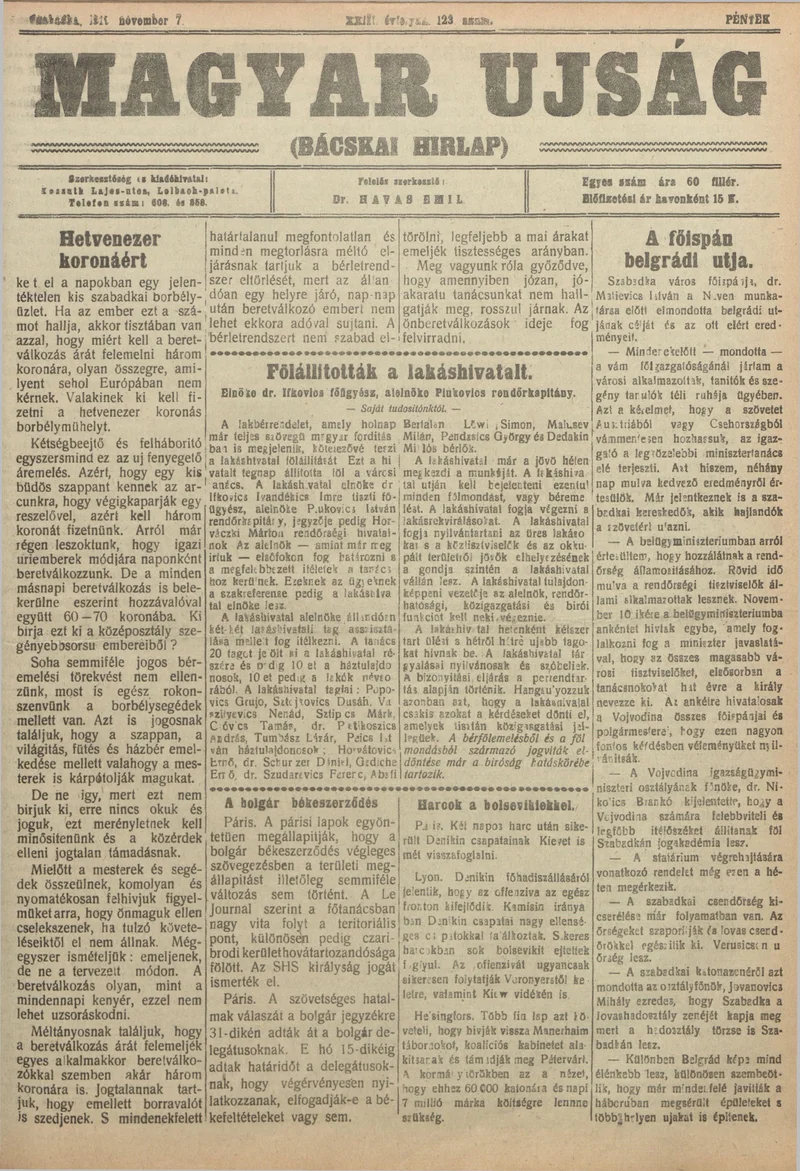Bácskai Hirlap, 23. évf. 1919. november 7. 123. sz.