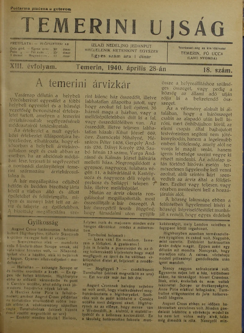Temerini Újság 1928-1944, 13. évf. 1940. április 28. 18. sz.