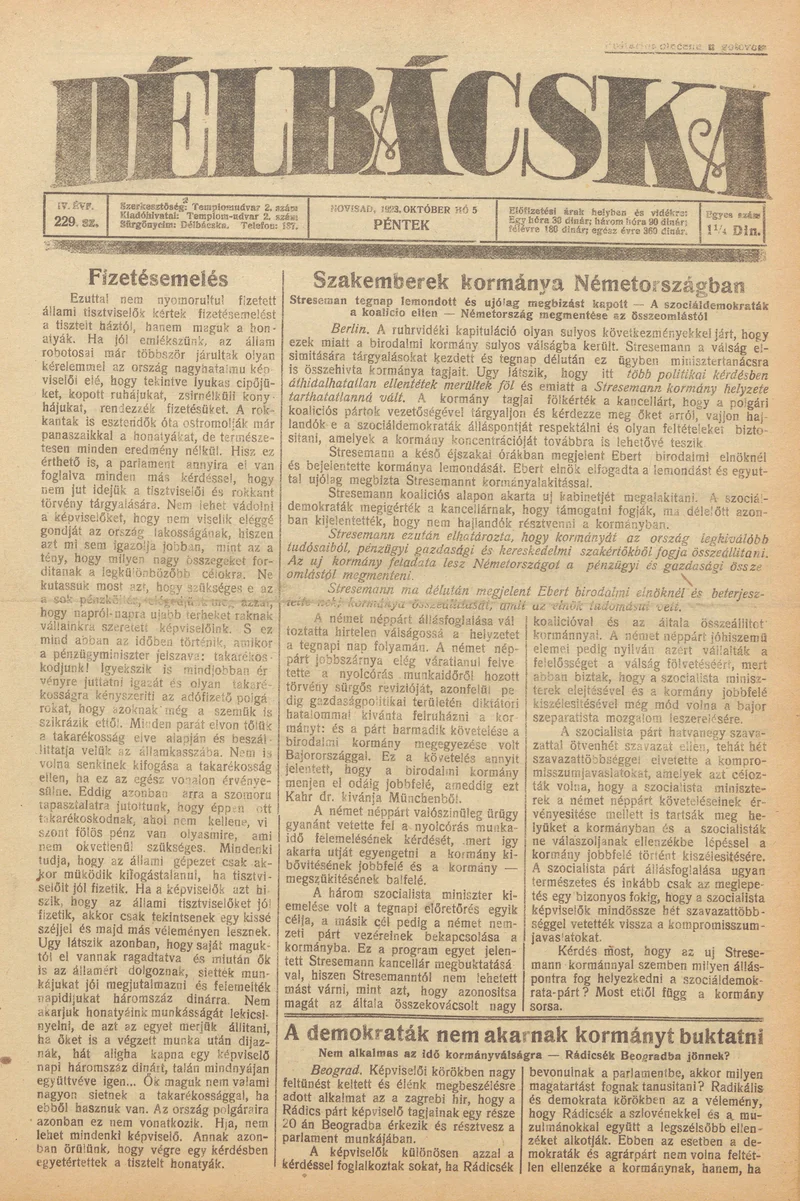 Délbácska, 4. évf. 1923. október 5. 229. sz.
