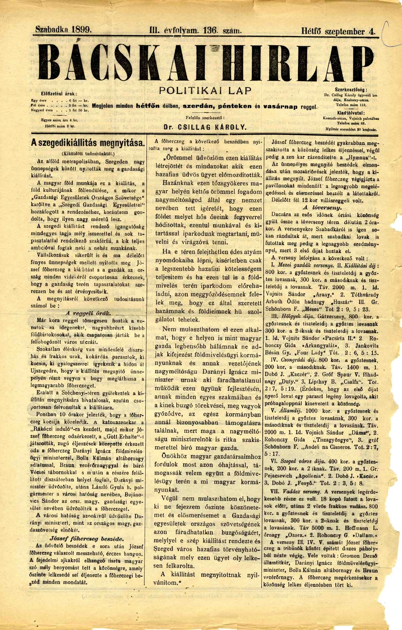 Bácskai Hirlap, 3. évf. 1899. szeptember 4. 136. sz.