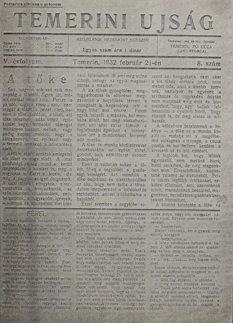 Temerini Újság 1928-1944, 5. évf. 1932. február 21. 8. sz.