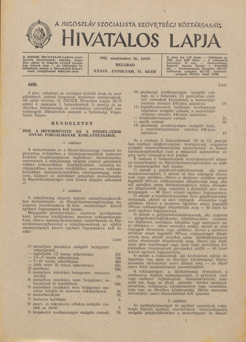 A Jugoszláv Szocialista Szövetségi Köztársaság Hivatalos Lapja, 39. évf. 1983. szeptember 26. 51. sz. 1445–1448. oldal