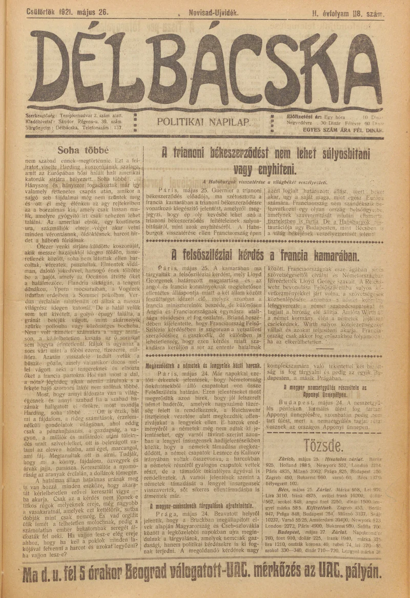 Délbácska, 2. évf. 1921. május 26. 118. sz.