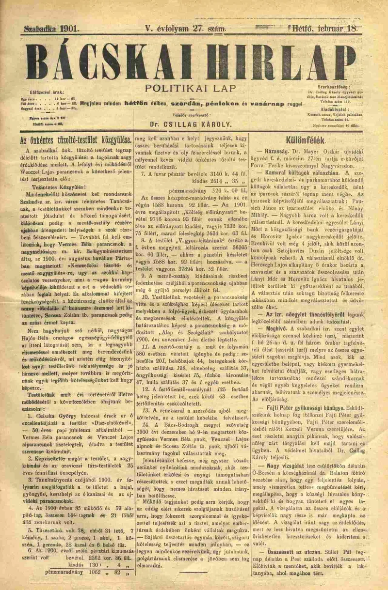 Bácskai Hirlap, 5. évf. 1901. február 18. 27. sz.