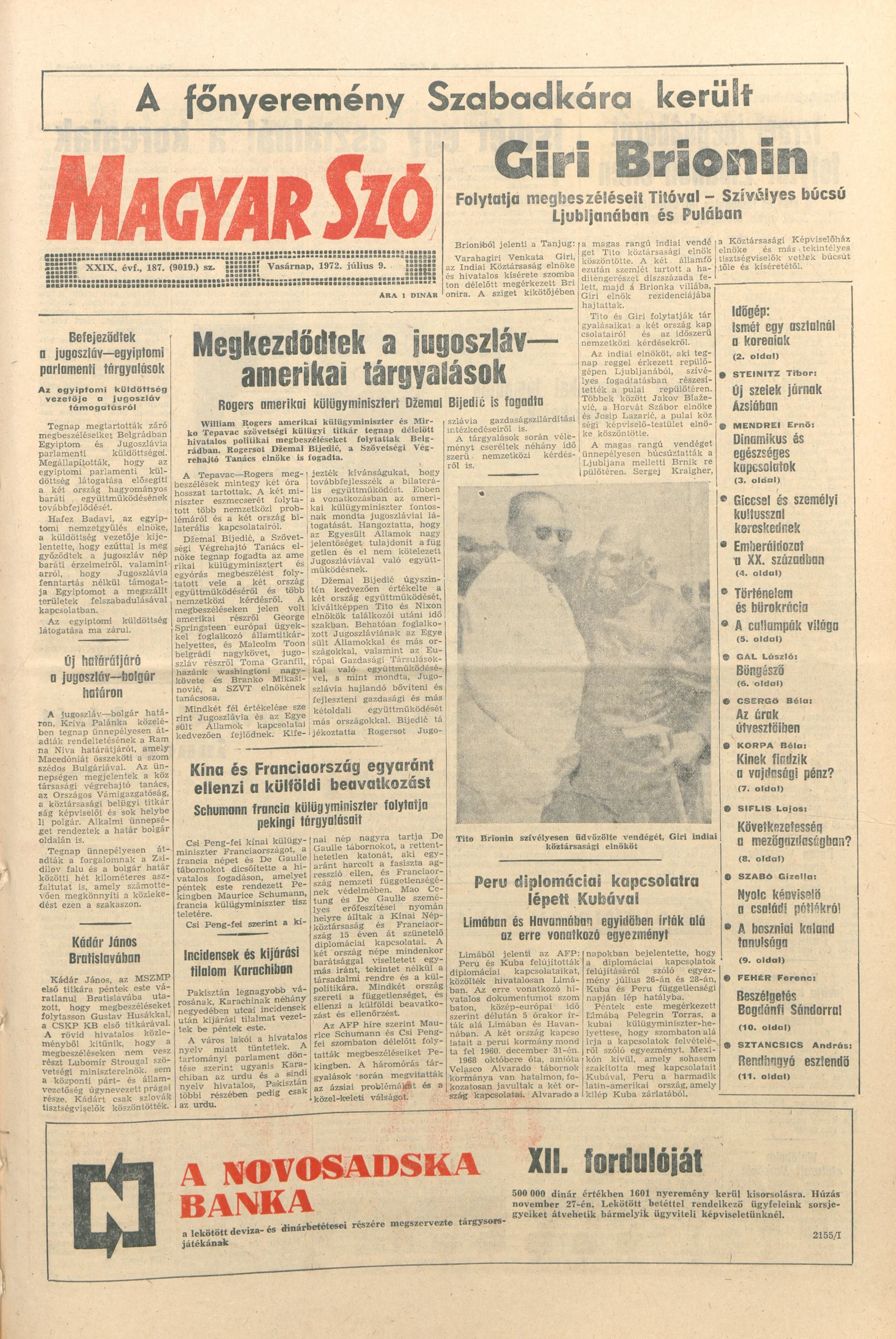 Magyar Szó, 29. évf. 1972. július 9. 187. sz.