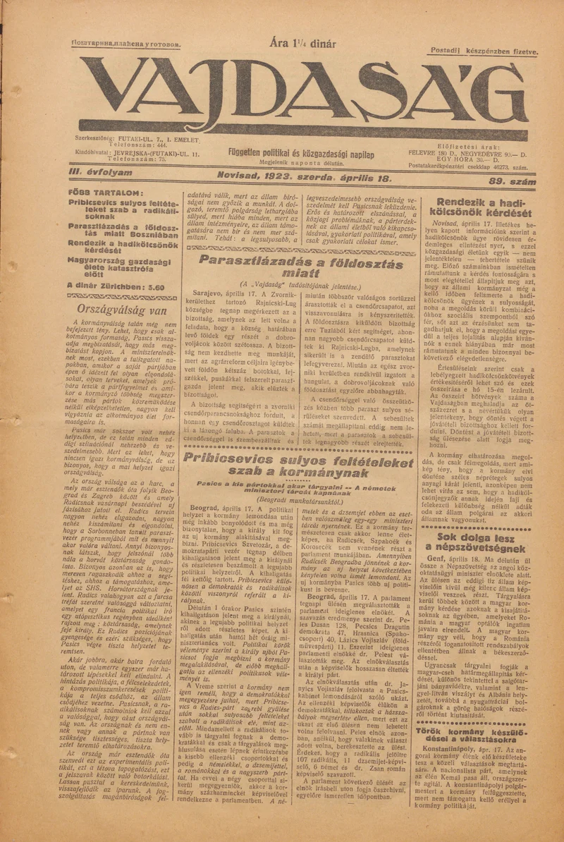 Vajdaság, 3. évf. 1923. április 18. 89. sz.