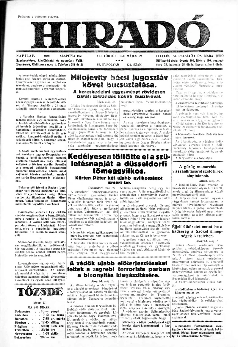 Híradó, 59. évf. 1930. május 29. 124. sz.