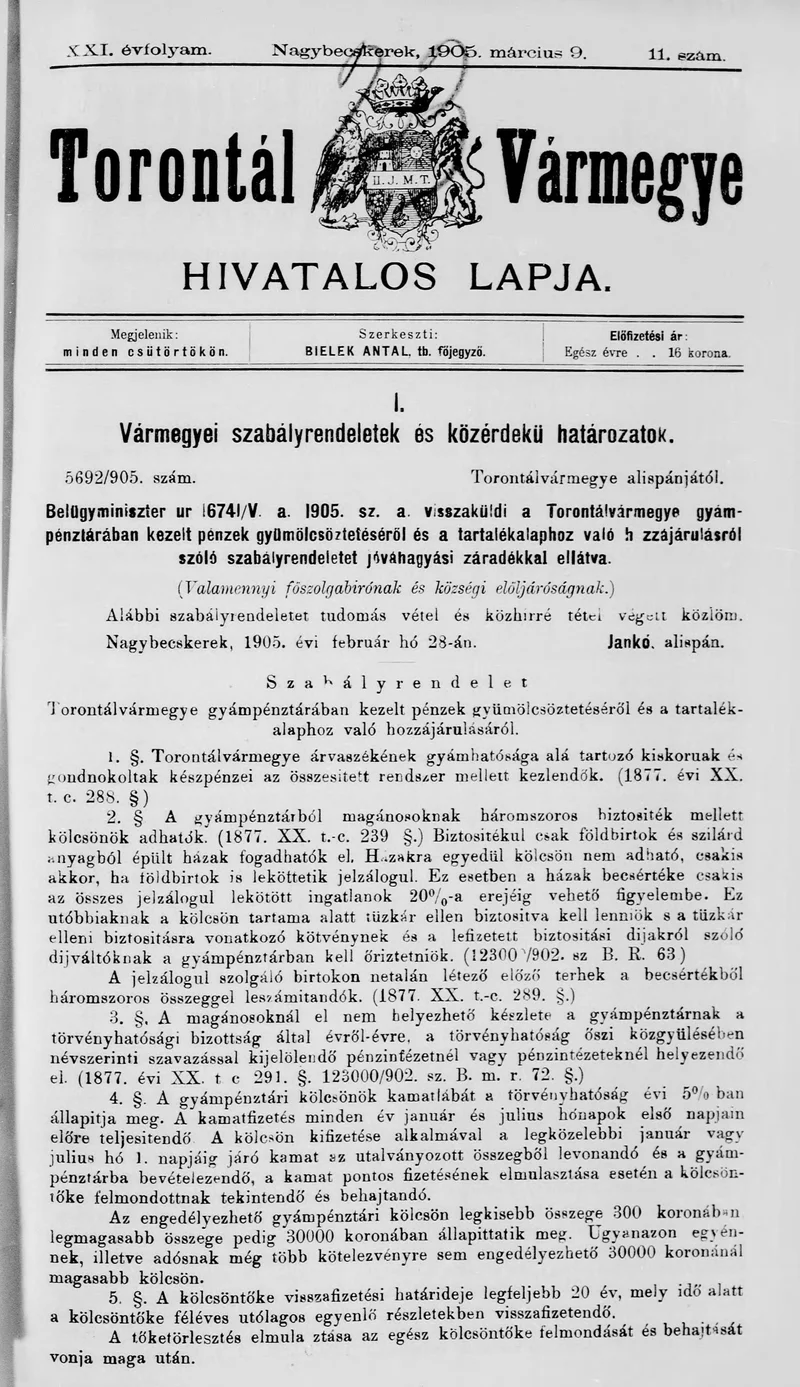 Torontál Vármegye Hivatalos Lapja, 21. évf. 1905. március 9. 11. sz.