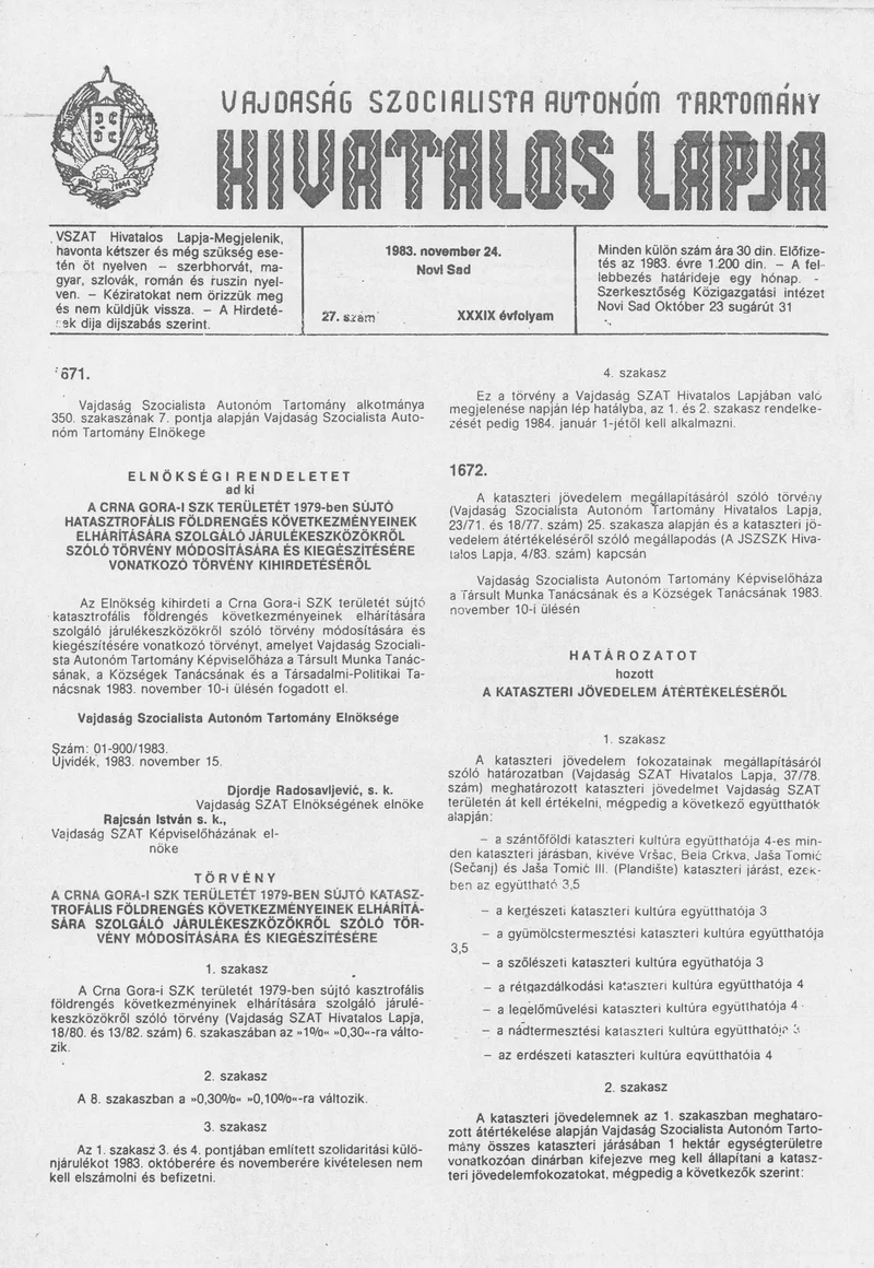 Vajdaság Szocialista Autonóm Tartomány Hivatalos Lapja, 39. évf. 1983. november 24. 27. sz.