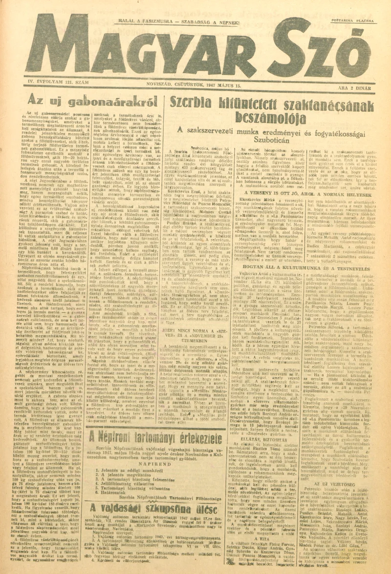 Magyar Szó, 4. évf. 1947. május 15. 121. sz. 1–8. oldal
