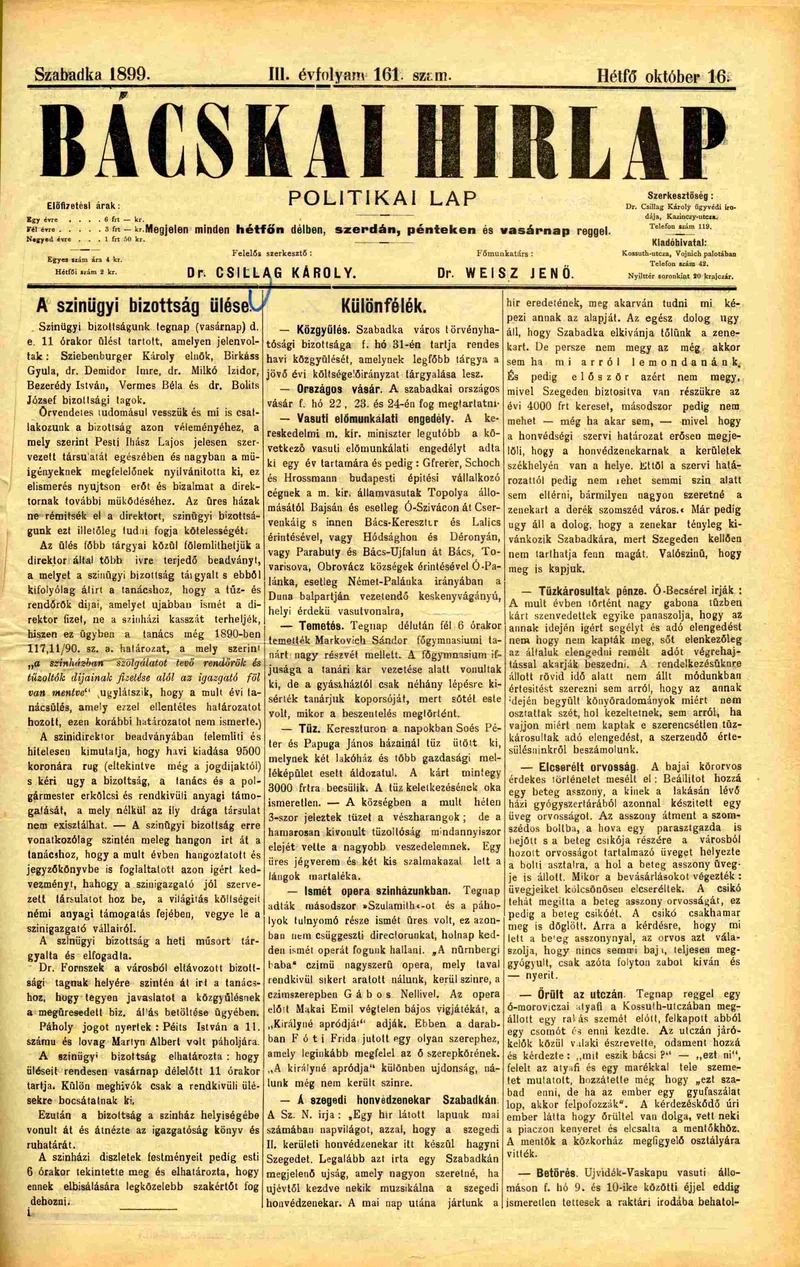 Bácskai Hirlap, 3. évf. 1899. október 16. 161. sz.
