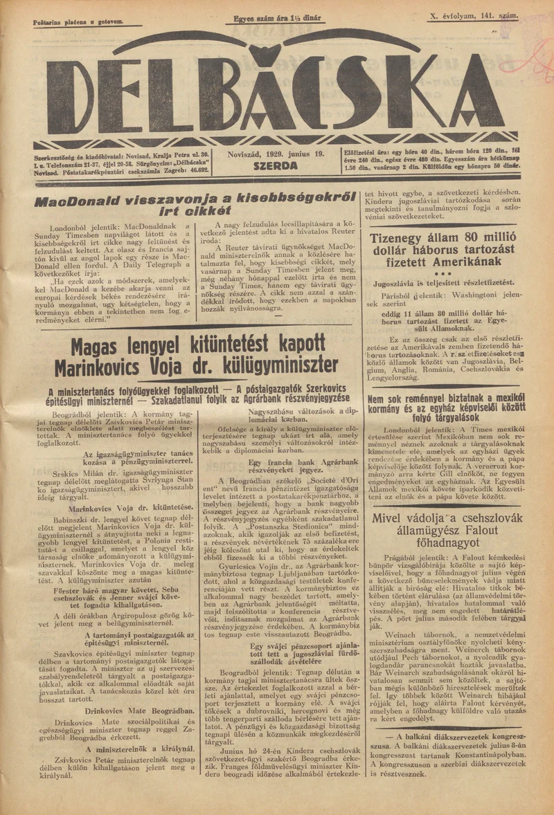 Délbácska, 10. évf. 1929. június 19. 141. sz.