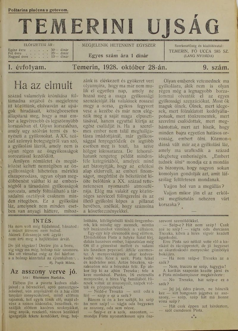 Temerini Újság 1928-1944, 1. évf. 1928. október 28. 9. sz.