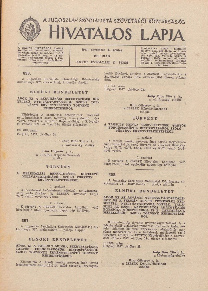 A Jugoszláv Szocialista Szövetségi Köztársaság Hivatalos Lapja, 33. évf. 1977. november 4. 53. sz. 1885–1916. oldal