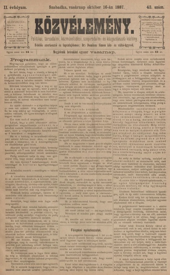 Közvélemény, 2. évf. 1887. október 16. 42. sz.