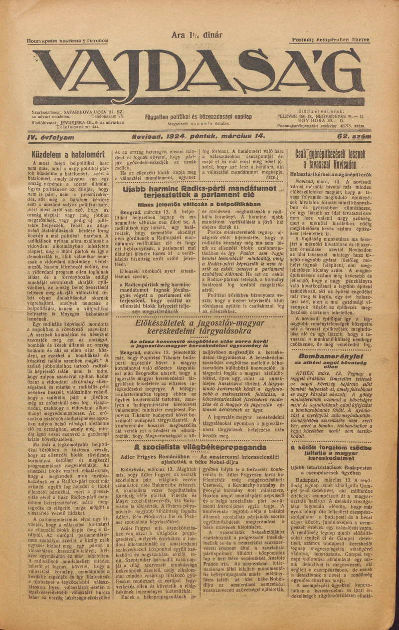 Vajdaság, 4. évf. 1924. március 14. 62. sz.