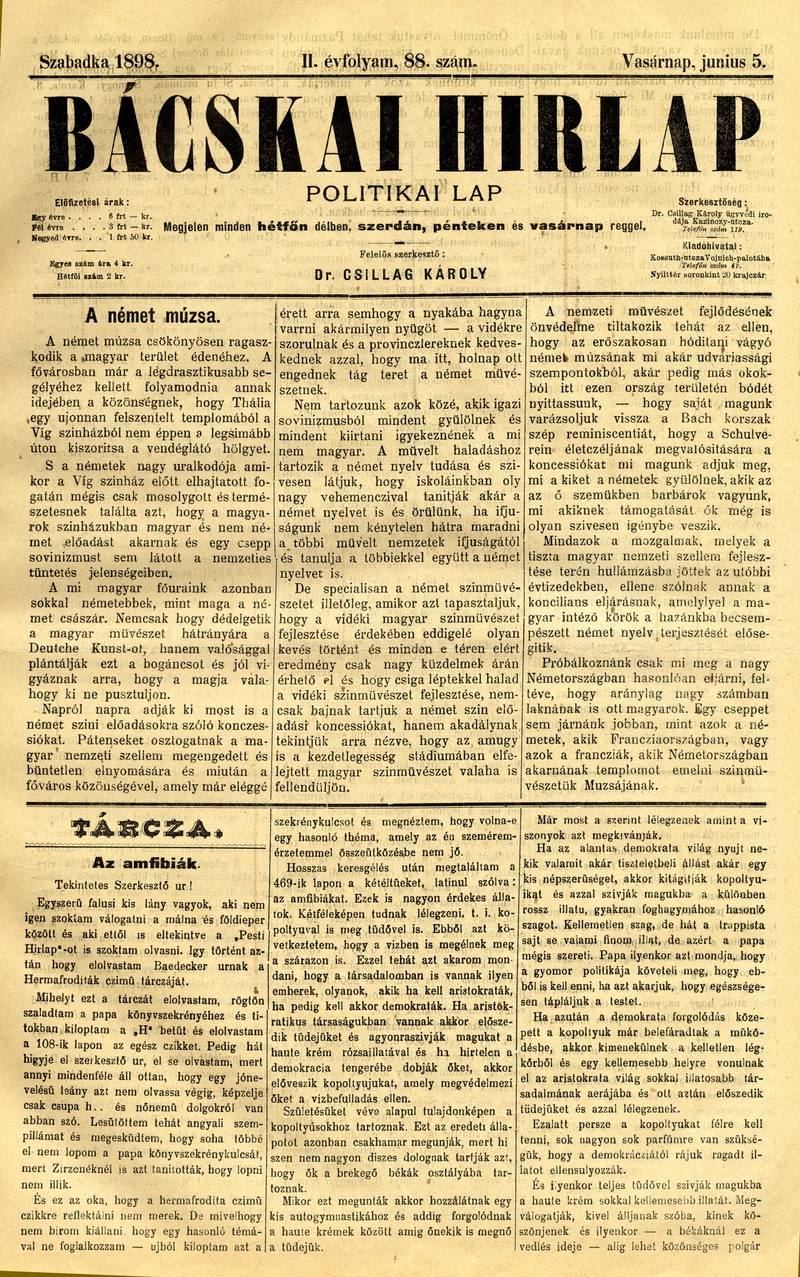 Bácskai Hirlap, 2. évf. 1898. június 5. 88. sz. 1–4. oldal