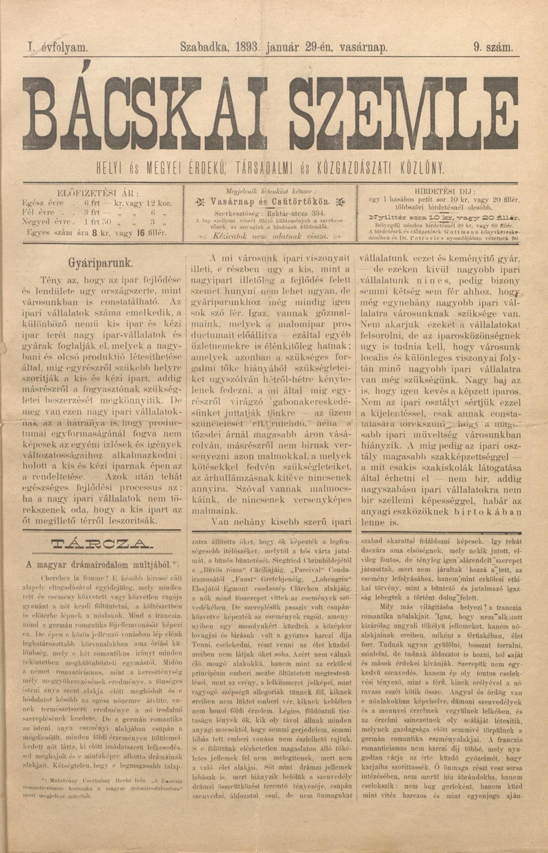 Bácskai Szemle, 1. évf. 1893. január 29. 9. sz.