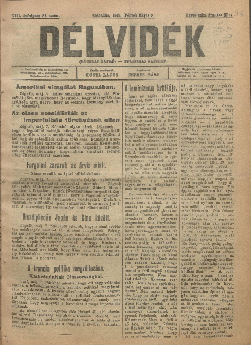 Délvidék, 13. évf. 1919. május 9. 82. sz.