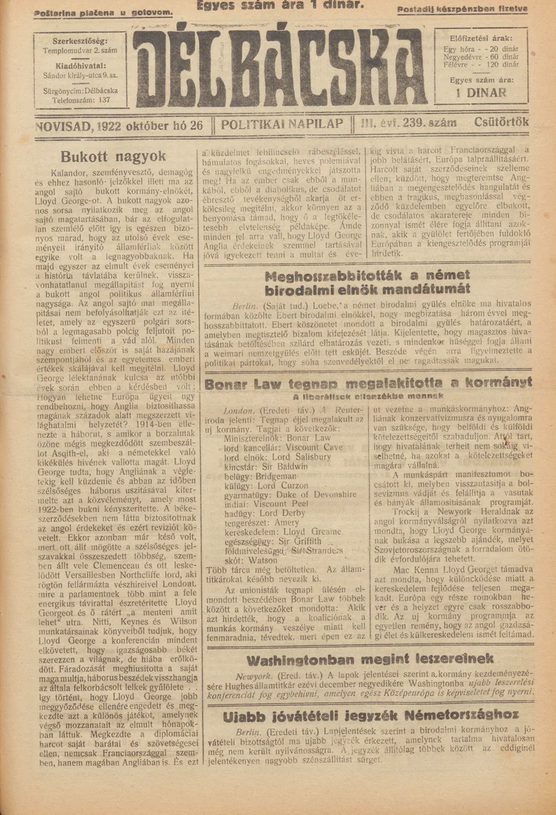 Délbácska, 3. évf. 1922. október 26. 239. sz.
