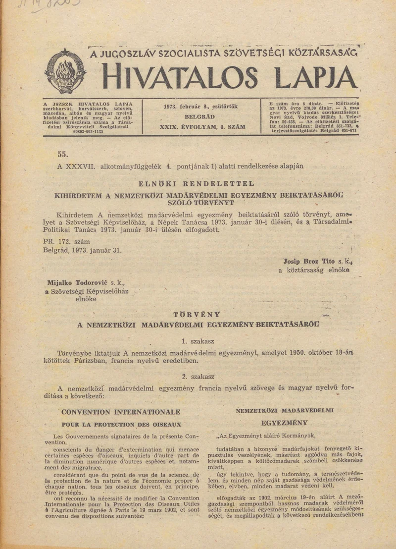 A Jugoszláv Szocialista Szövetségi Köztársaság Hivatalos Lapja, 29. évf. 1973. február 8. 6. sz. 97–160. oldal