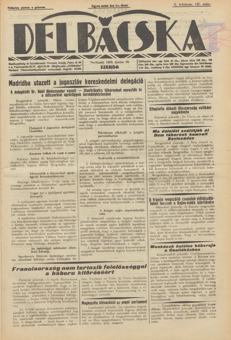 Délbácska, 10. évf. 1929. június 26. 147. sz.