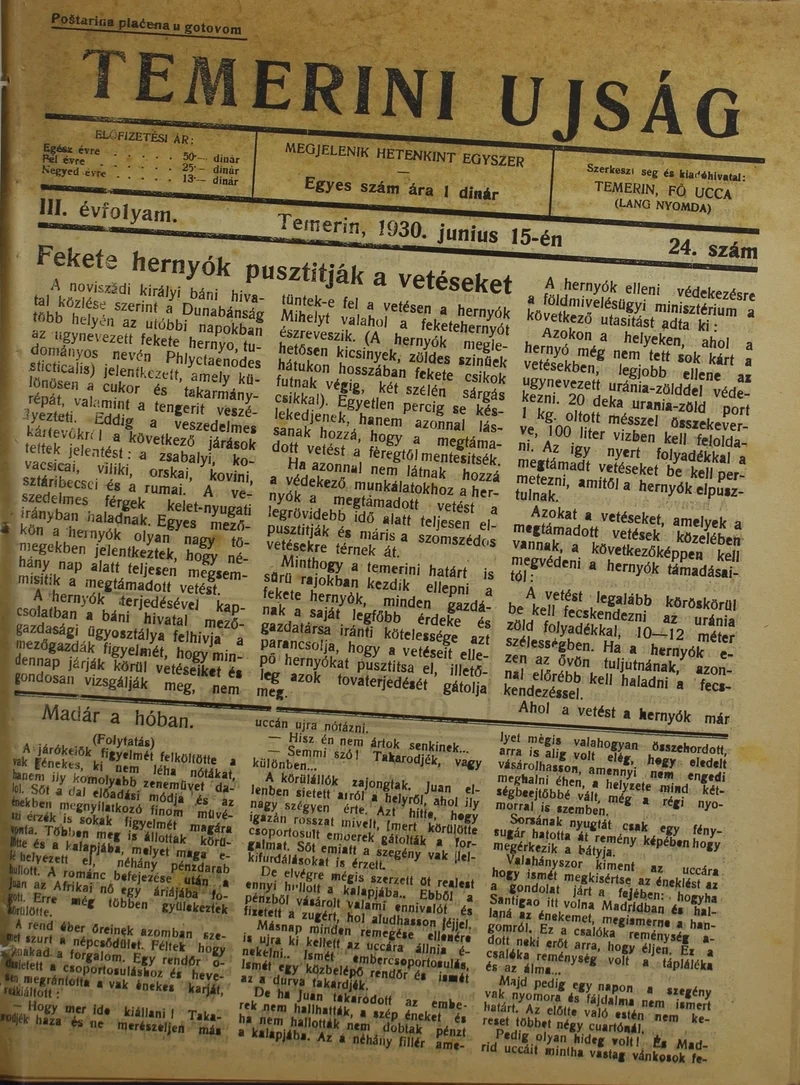 Temerini Újság 1928-1944, 3. évf. 1930. június 15. 24. sz.