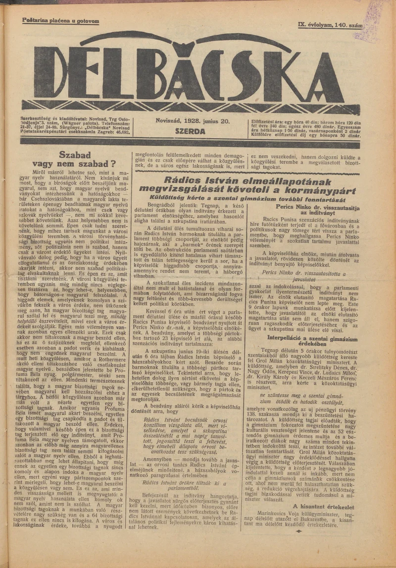 Délbácska, 9. évf. 1928. június 20. 140. sz.