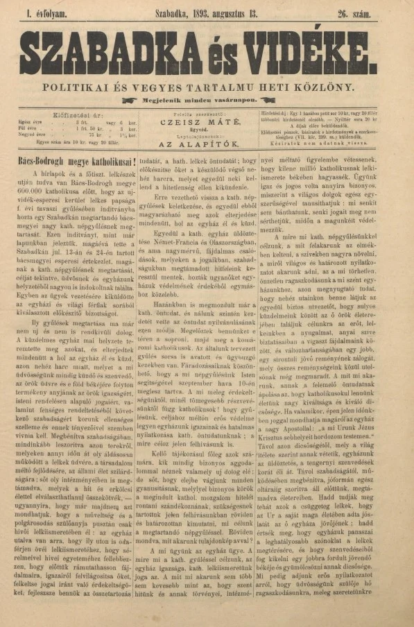 Szabadka és vidéke II, 1. évf. 1893. augusztus 13. 26. sz.