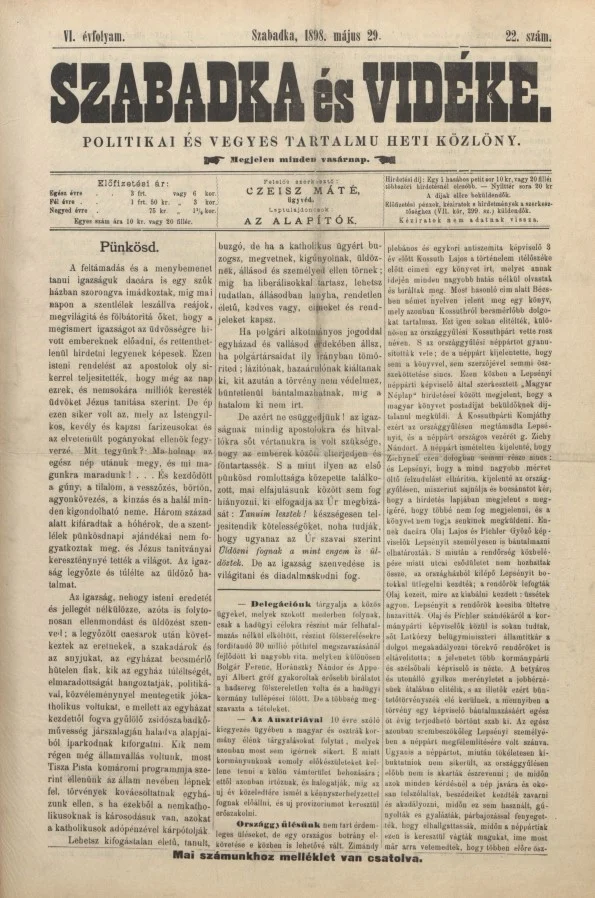 Szabadka és vidéke II, 6. évf. 1898. május 29. 22. sz.