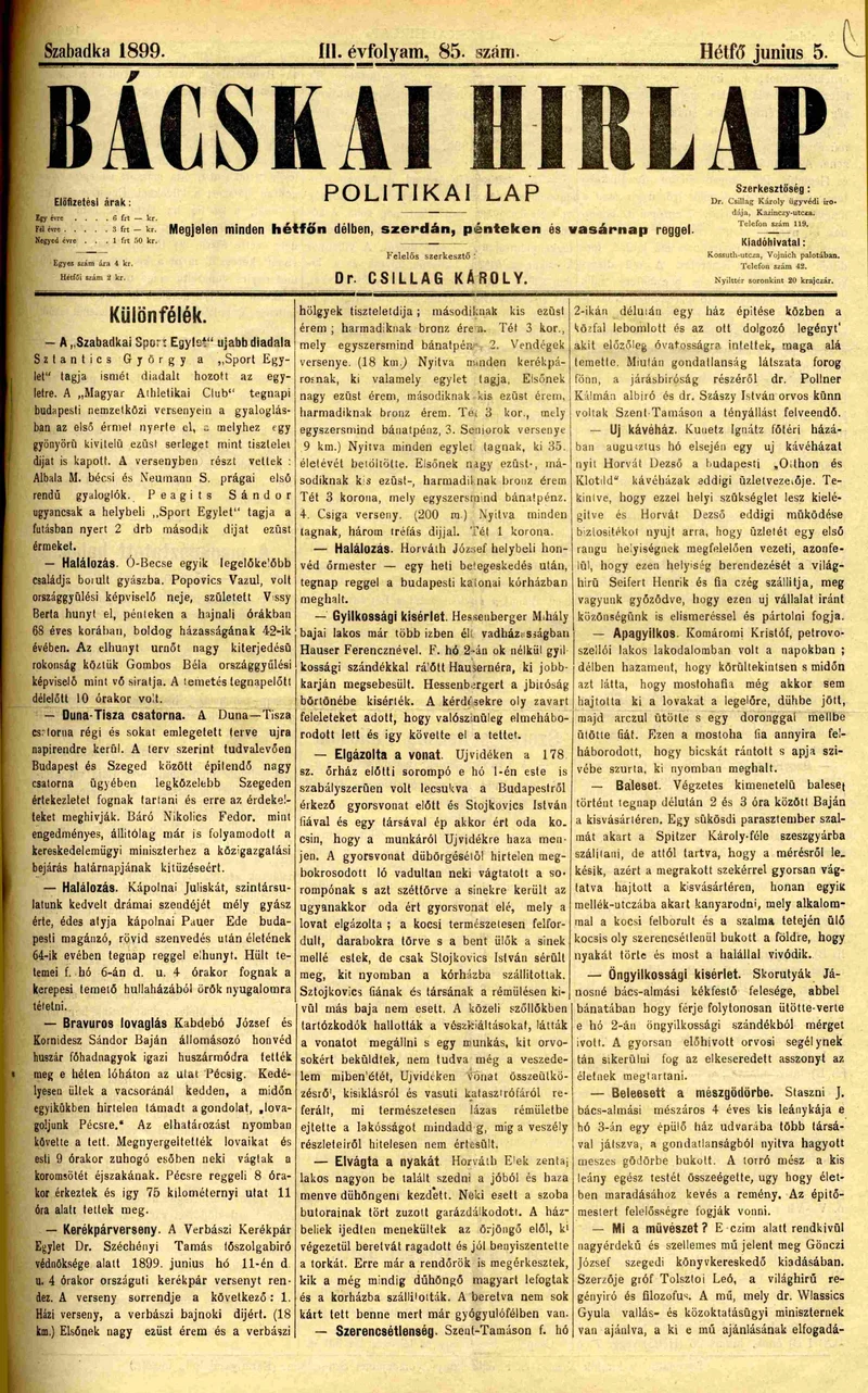 Bácskai Hirlap, 3. évf. 1899. június 5. 85. sz.