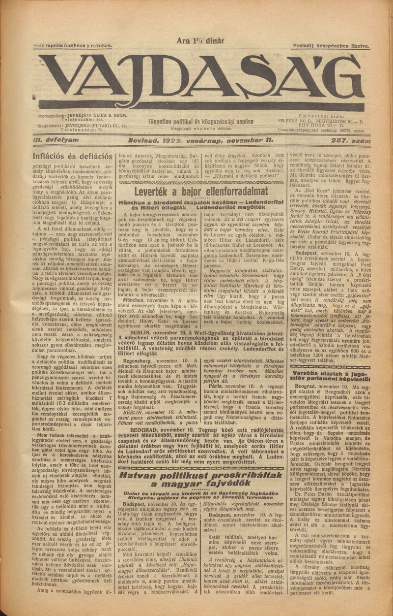 Vajdaság, 3. évf. 1923. november 11. 257. sz.