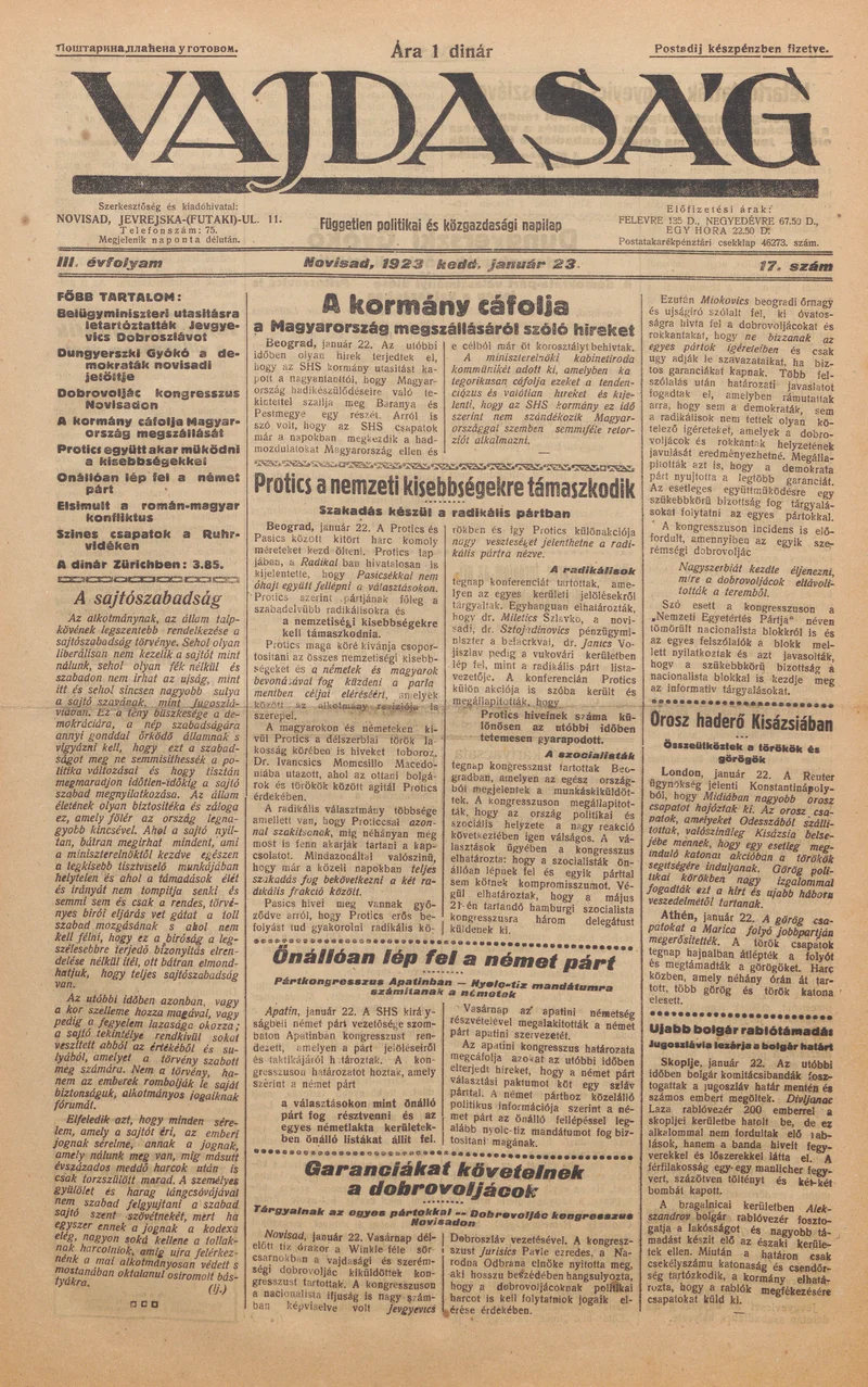 Vajdaság, 3. évf. 1923. január 23. 17. sz.