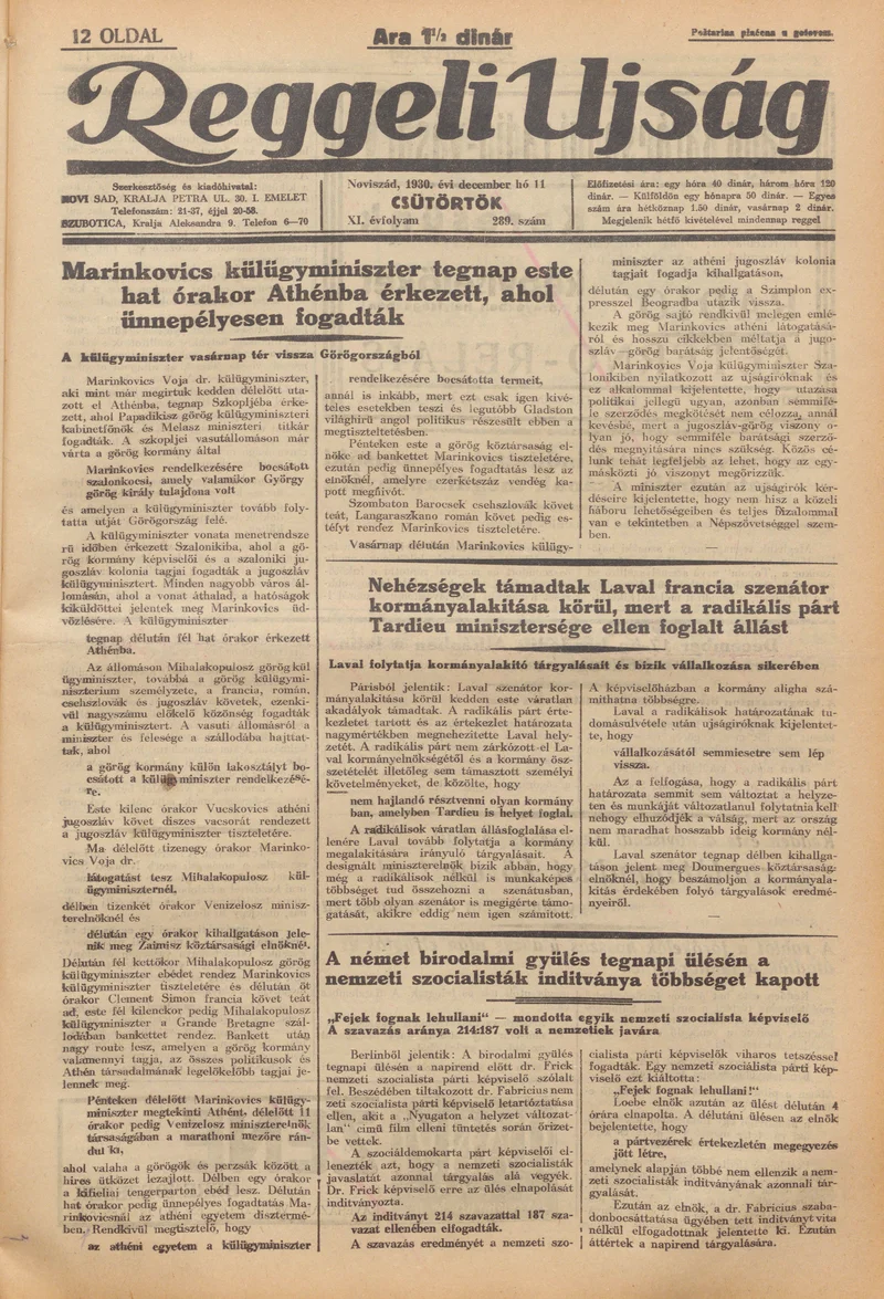 Reggeli Újság, 11. évf. 1930. december 11. 289. sz.