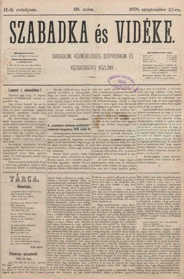 Szabadka és vidéke, 2. évf. 1878. szeptember 22. 68. sz.