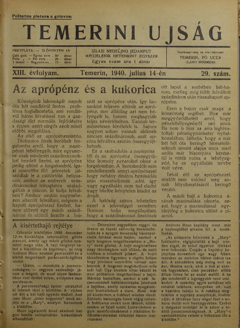 Temerini Újság 1928-1944, 13. évf. 1940. július 14. 29. sz.