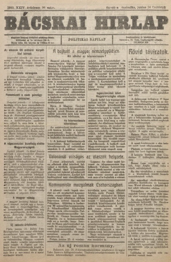 Bácskai Hirlap, 24. évf. 1920. június 24. 96. sz.