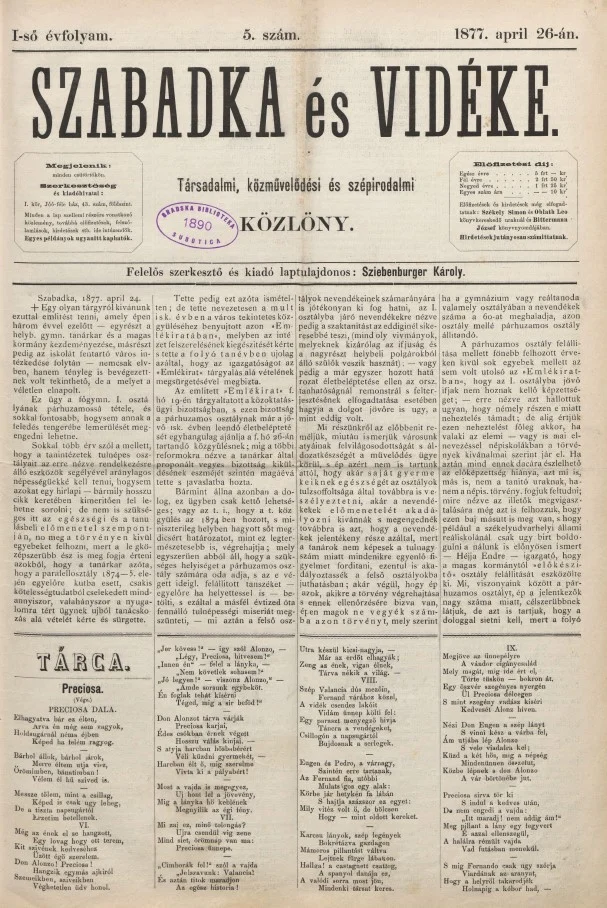 Szabadka és vidéke, 1. évf. 1877. április 26. 5. sz.