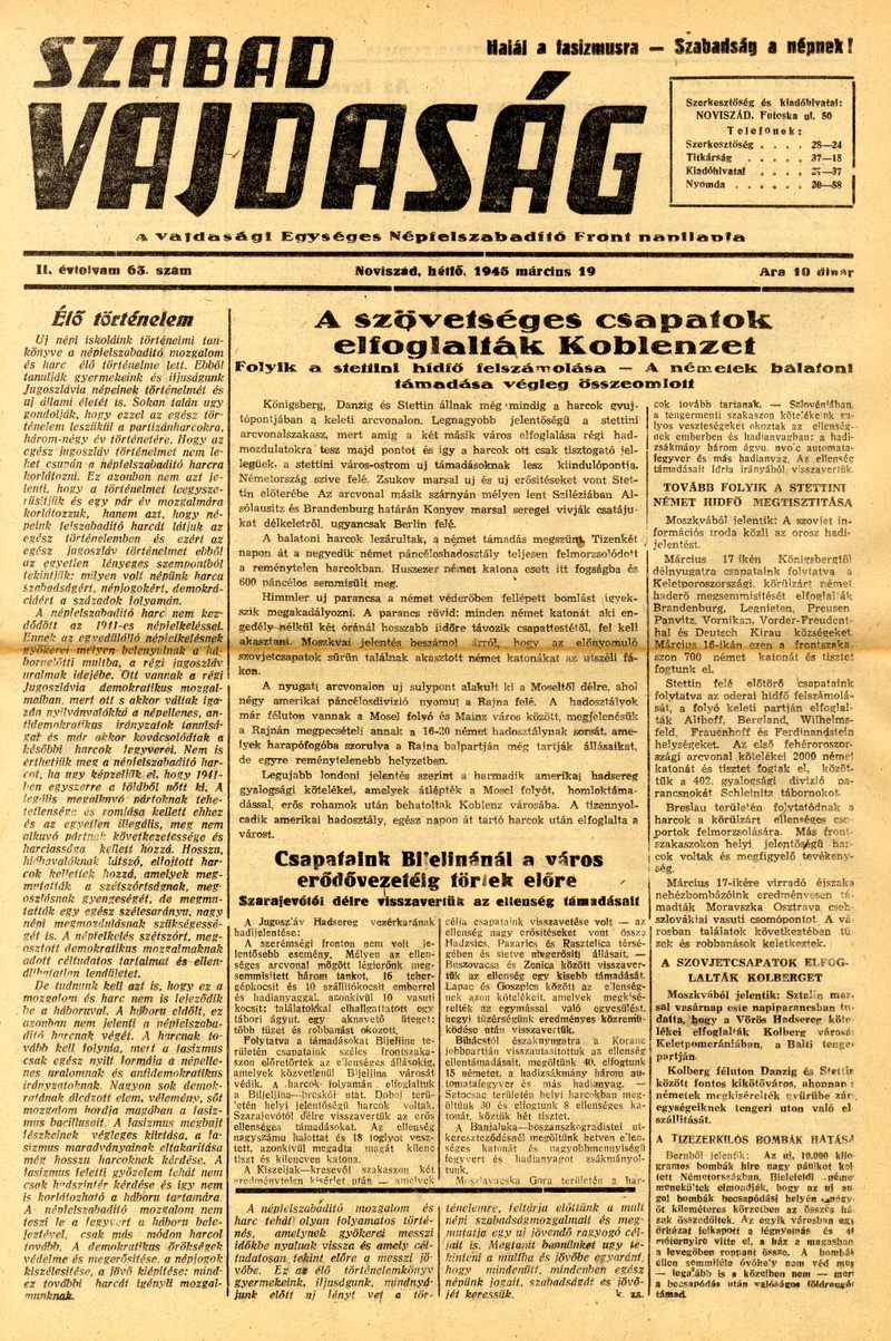 Szabad Vajdaság, 2. évf. 1945. március 19. 63. sz.